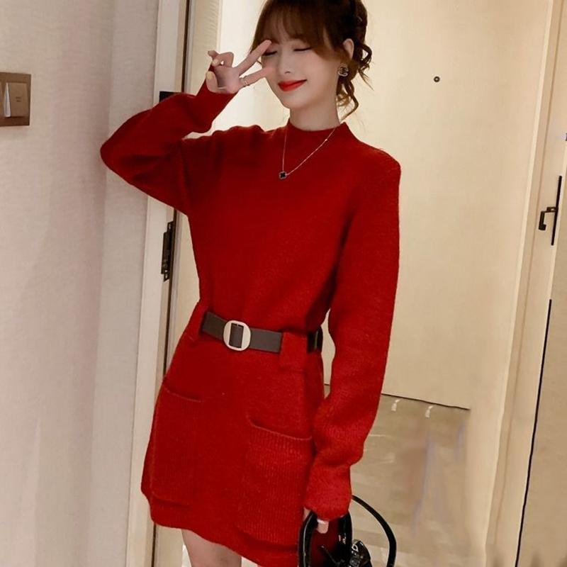 Korean Style Loose Outer Wear Mid-length Sweater Women Waist Slim Half Turtleneck Long Sleeve Autumn  Winter Base Sweater Dress