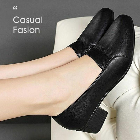 2021 Spring and Autumn Soft Leather Shallow Mouth Single Shoes Women Thick-heeled Soft-soled Mid-heel Non-slip Work Shoes Women's Leather Shoes