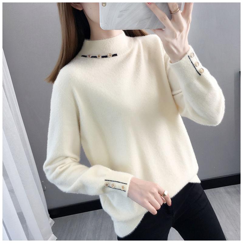 Autumn and Winter Half High Neck Thick Sweater Mohair All-match Loose Jacket Women Casual Knitted Women Bottoming Shirt