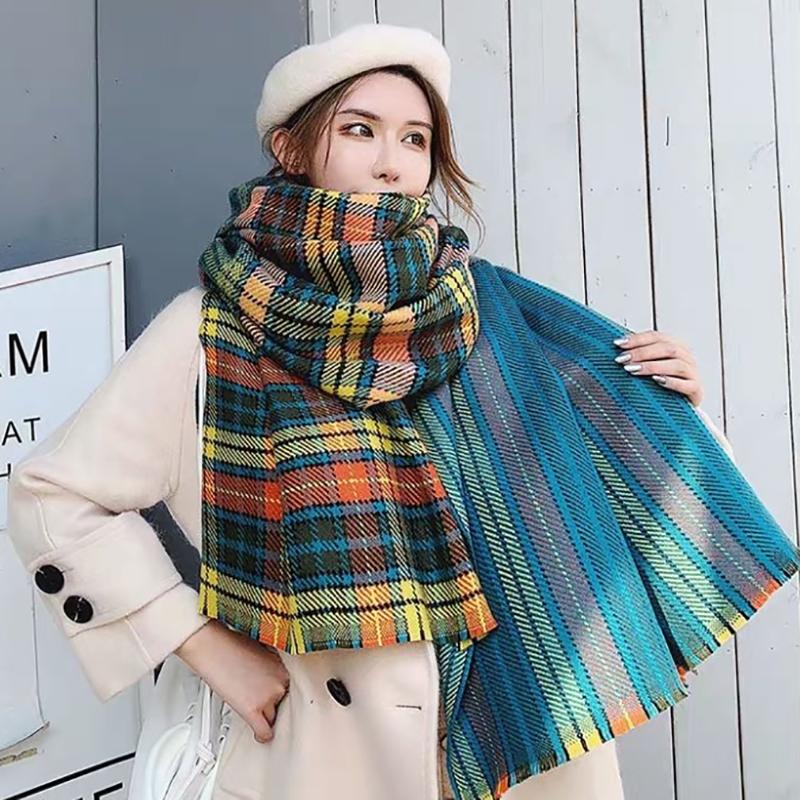 Korean Scarf Female Winter Cute Wild Plaid Shawl Thickening Girls Japanese Small Fresh and Warm