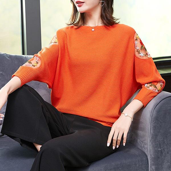 Sweater Women Loose Outer Wear Bat Sleeves Large Size Lace Casual Tops Spring and Autumn Printing Bottoming Shirt