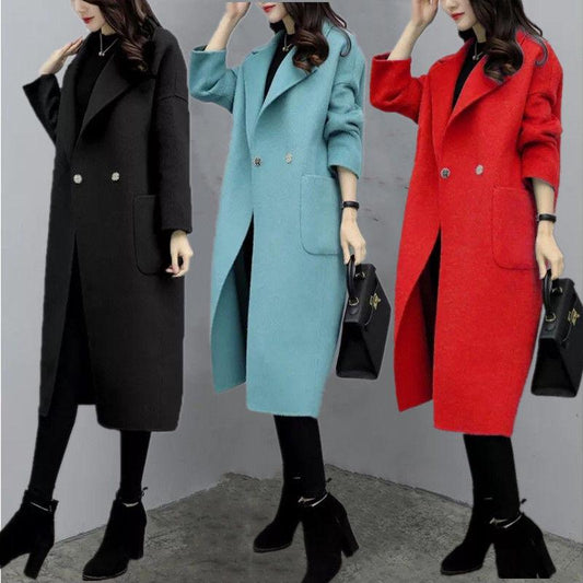 Autumn Winter Cashmere Trench Jacket Women Casual Solid Color Coat Warm Button Pocket Jackets