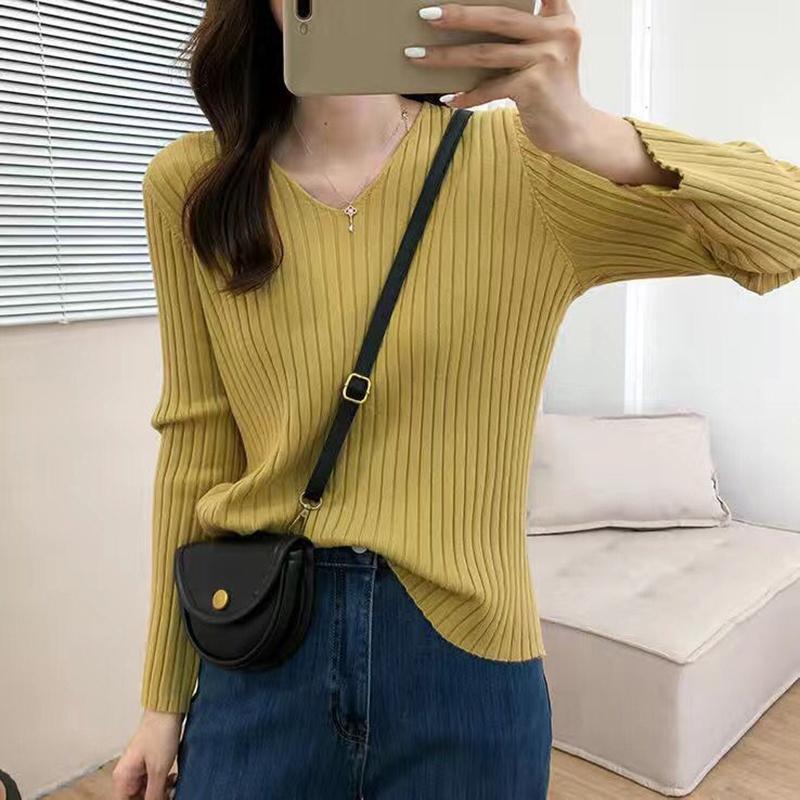 V-neck Long-sleeved Loose Bottoming Sweater Outer Wear Pure Color Thin Sweater Fabric Soft and Versatile Simple Sweater Women