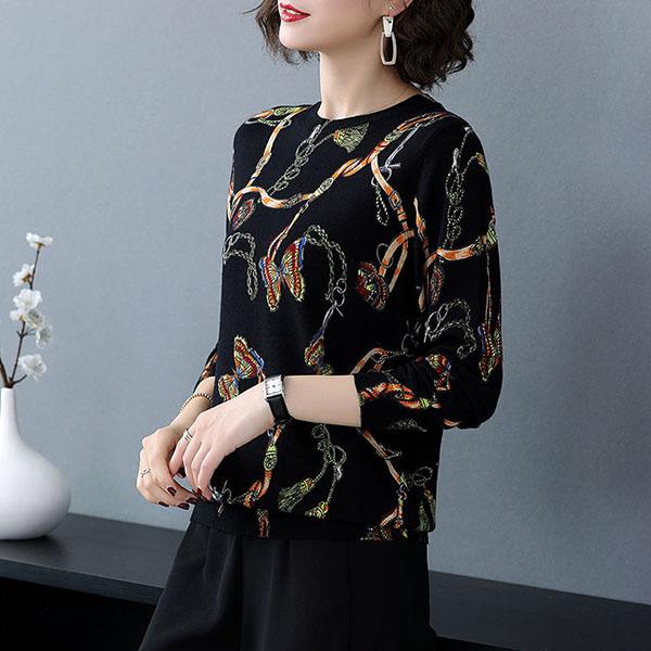 Autumn Winter Women High-end Cashmere Sweater Retro Butterfly Flower Printed Woolen Sweater Soft Warm Plus Size Pullover Sweater Female Causal Jumper