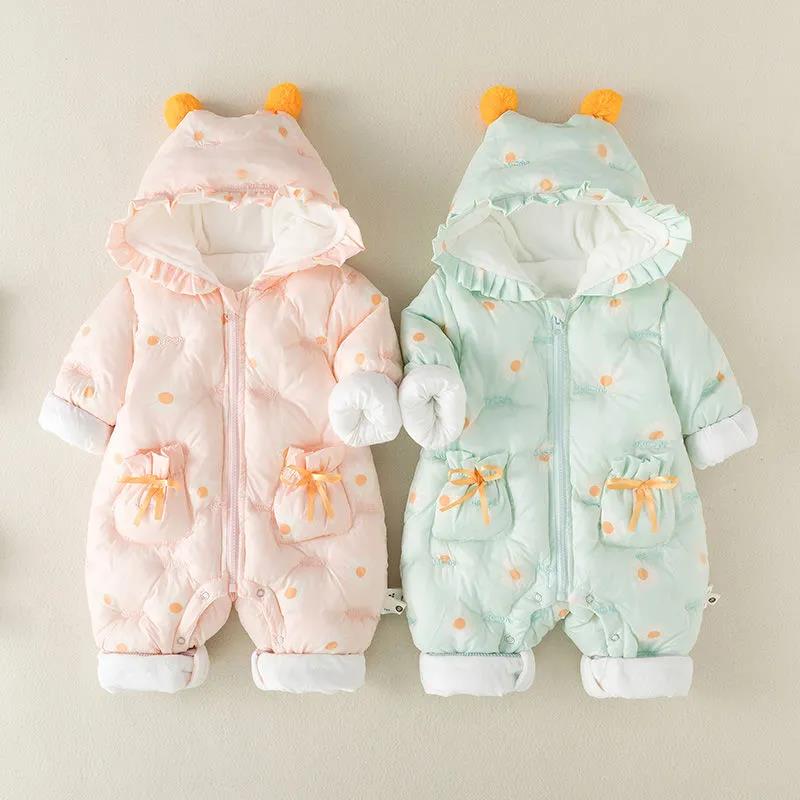 Baby Winter Clothes Thickened Hat Female Baby Out Climbing Clothes Holding Clothes Full Moon Princess One-piece Clothes Warm In Autumn and Winter