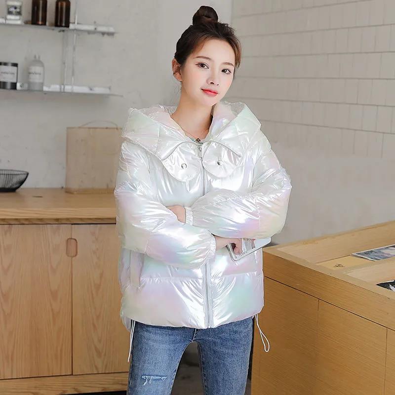 Winter Fashion Ladies Bright Leather Down Jacket Short Color Thick Loose Hooded Disposable Down Jacket