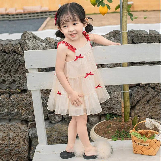 Girls Summer Dress Sling Dress Girl Baby Sweet Princess Skirt Little Girl Children's Fairy Skirt Red Bow A-line Skirt Mesh Skirt