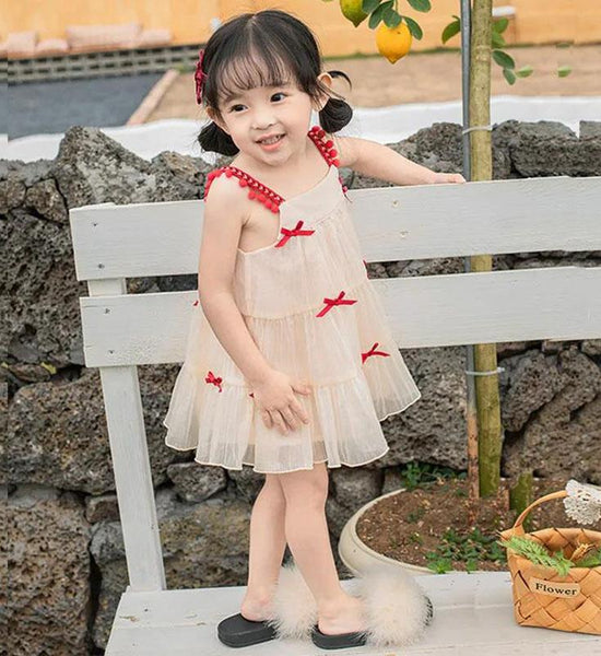 Girls Summer Dress Sling Dress Girl Baby Sweet Princess Skirt Little Girl Children's Fairy Skirt Red Bow A-line Skirt Mesh Skirt