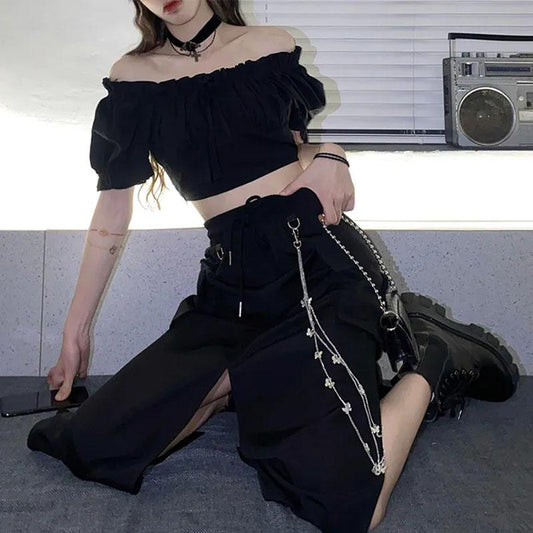 Women Long Black Skirt Elastic High Waist Streetwear Skirts Girl's Loose Casual Skirt Club Split Butterfly Chain Skirts