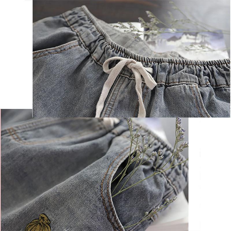 WTEMPO High-waist Denim Shorts Women Loose Wild Thinner Embroidery Elastic Waist Broken Hole Embroidery Retro Straight Leg Pants