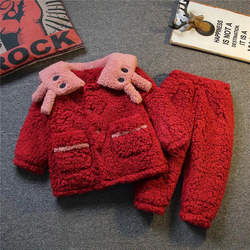 Lamb Fleece Winter Children's Flannel Pajamas Cotton Jacket Thickened Warmth Middle and Old Children and Girls Coral Fleece Home Service Suit