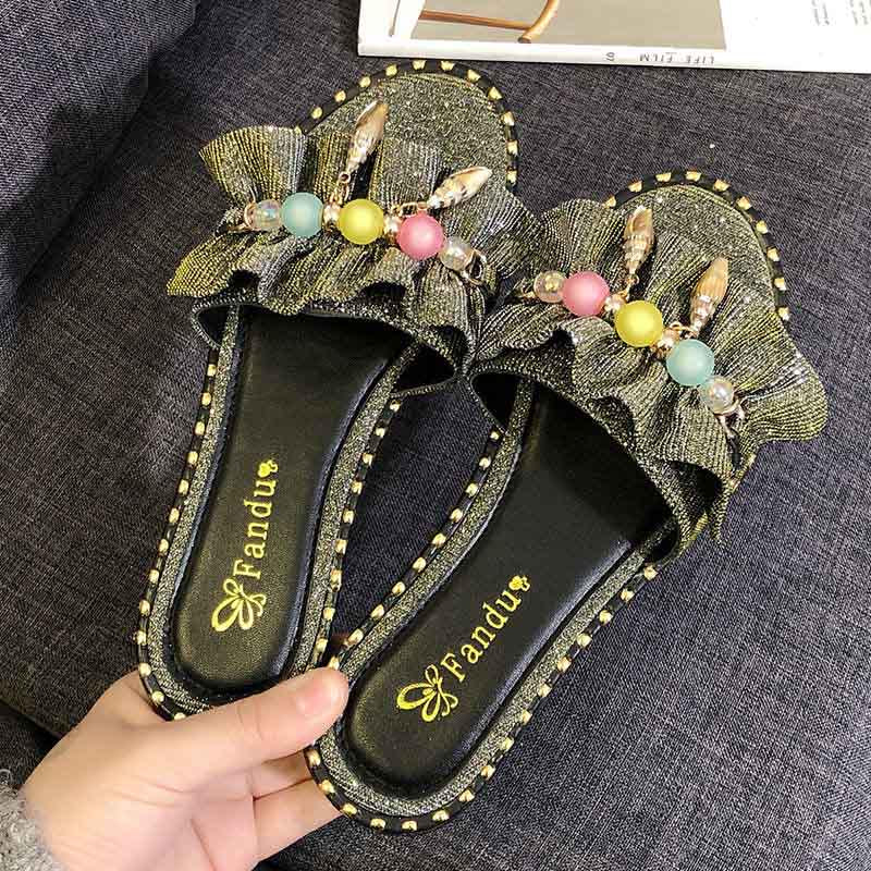 Plus Size 35-40 Summer Women Outdoor Leather Flat Bohemian Beach Wear-resistant Non-slip Office Lady Bead Sandals