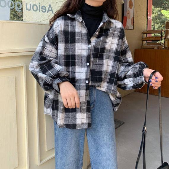 Women Large Size Blouses Turn-down Collar Spring and Autumn Plaid Shirts Batwing-sleeve Loose Outwear 4 Colors Chic Shirts