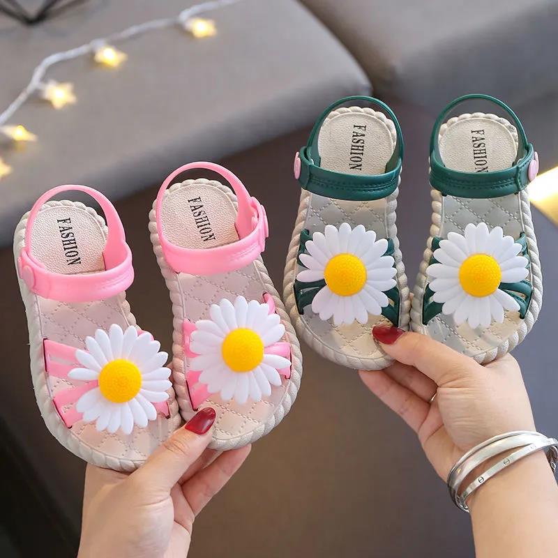 Girls Sandals Girls Summer Soft Sole Flat Beach Sandals Anti-slip Little Daisy Decoration Casual Princess Light Sandals