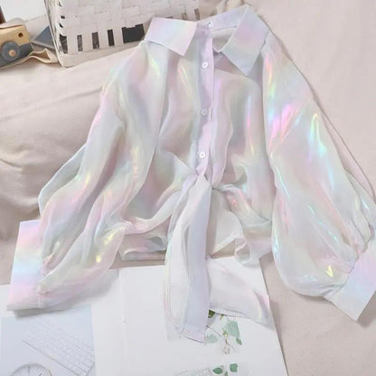 Rainbow Shiny Chiffon Shirt Sun Protection Shirt Loose Long Sleeve Cardigan Women's Thin Coat Casual Top  Women Shirts