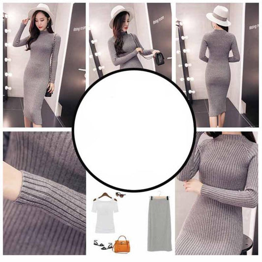 Pofulove Long Hip Knit Dress Over-The-Knee Sweater Dress Women's Half-High-Neck Slim Fit Thickened