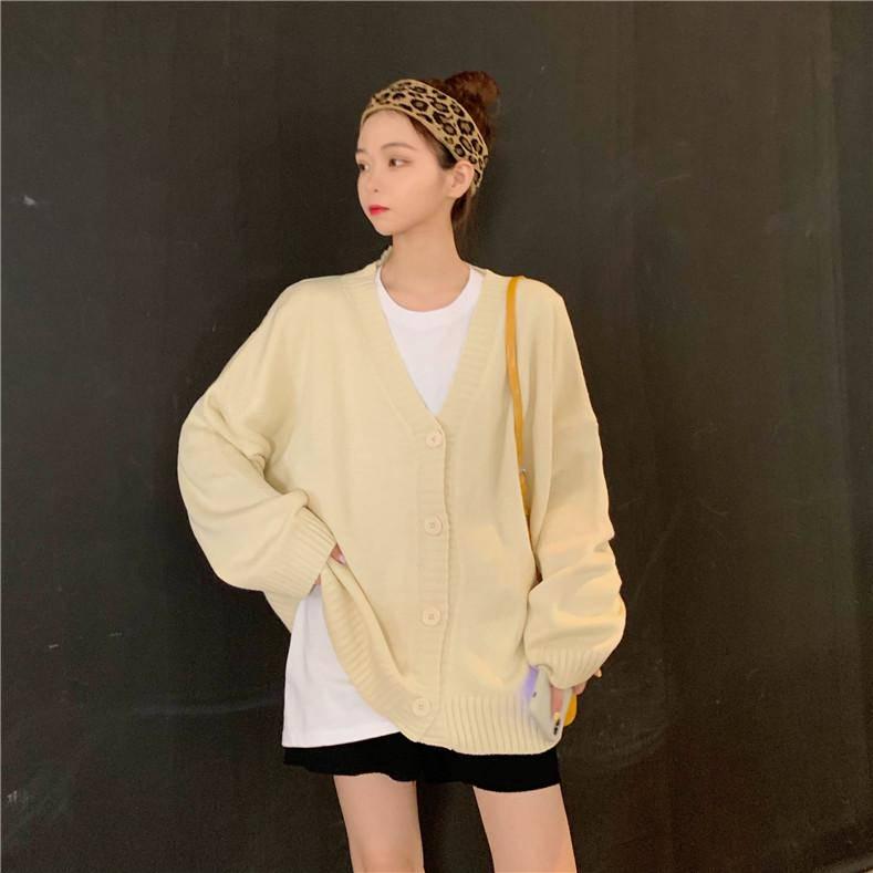 Pofulove Korean Loose V-neck Long-sleeved Sweater Women Retro Knitted Cardigan Jacket Autumn Winter