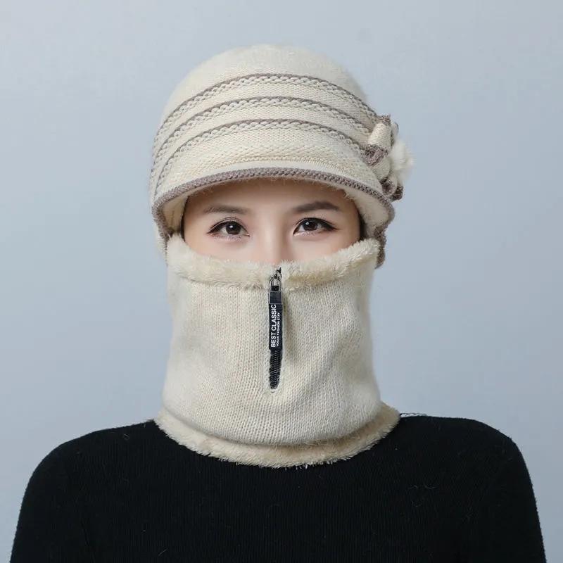 Women's Hat Autumn and Winter Floral Face Ear Protection Wool One-piece Scarf Mask Hat Plus Velvet Thickening Cycling Windproof Warm Mother Hat