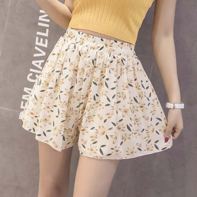 Flower Shorts Women Large Size Wide Leg Loose Printed Short Pants Casual Leggings High Waist Beach Pants Sweet Floral Print Chiffon Short Pants