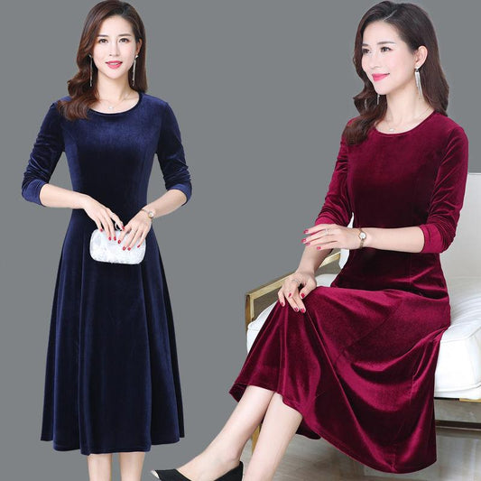 Dress Round Neck Gold Velvet Women's Mid-length Slim Fit Covering Belly Plus Size Mother Skirt Women's Clothing