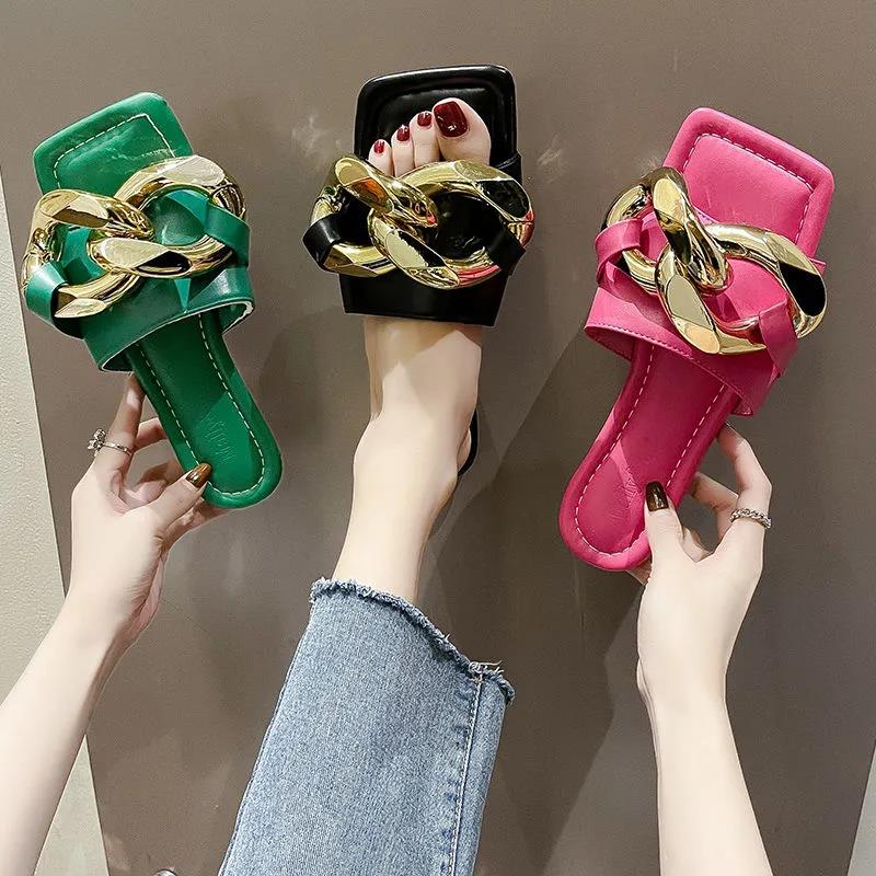 Fashion Chain Flat Sandals Slippers Women Summer Wear All-match Open-toed Sandals Women