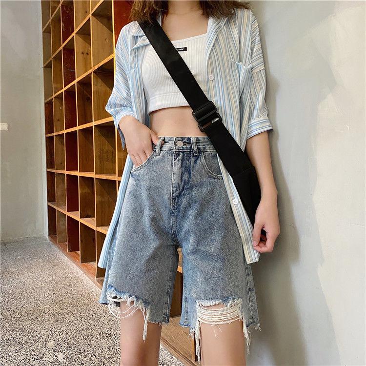 WTEMPO Women Jeans Ripped Denim Shorts Skirt Elastic Waist Loose Wide Leg A-line Office Club Casual Party Dates