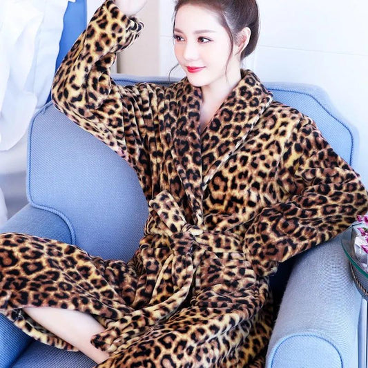 Leopard Print Ladies Pajamas Quick-drying Bathrobe Winter Cashmere Warm Home Clothes Homewear Robe Coat  Long