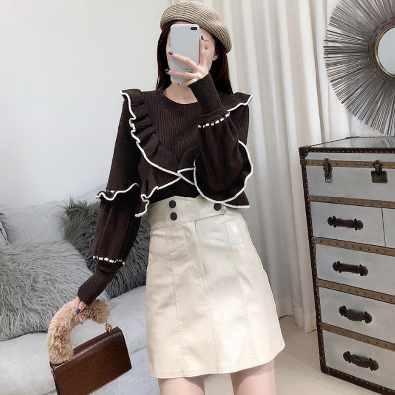 Autumn  Winter Sweater Women's Knit Sweater Round Neck Pullover Fashion Ruffled Wild Long-sleeved Bottoming Shirt