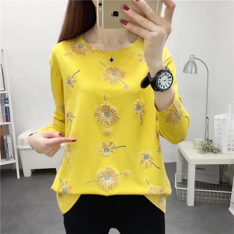 Spring and Autumn Printed Bottoming Shirt Women's Long-sleeved Mother T-shirt Loose Round Neck Top Women