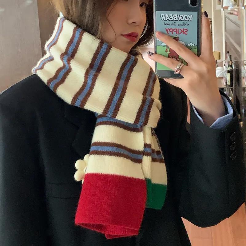 Color Striped Scarf Women's All-match Knitted Scarf Winter Thick Warm Scarf Shawl