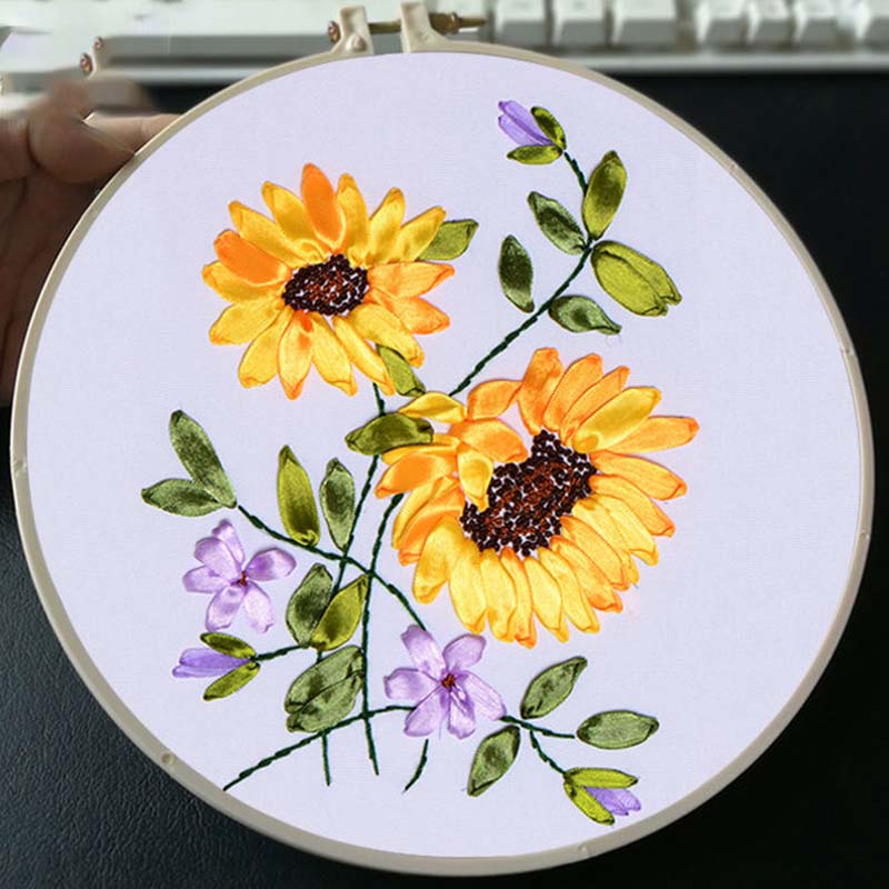 Floral Hand Cross Stitch Embroidery Cloth Starter Kits Needlepoint Color Threads Bamboo Hoop DIY