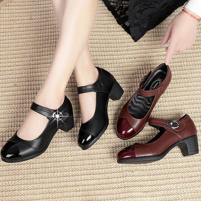 Spring and Autumn Mother's Soft Sole Comfortable Women's Single Shoes Real Soft Leather Shoes Thick Heel Middle-aged Velcro Mid-heel Shoes