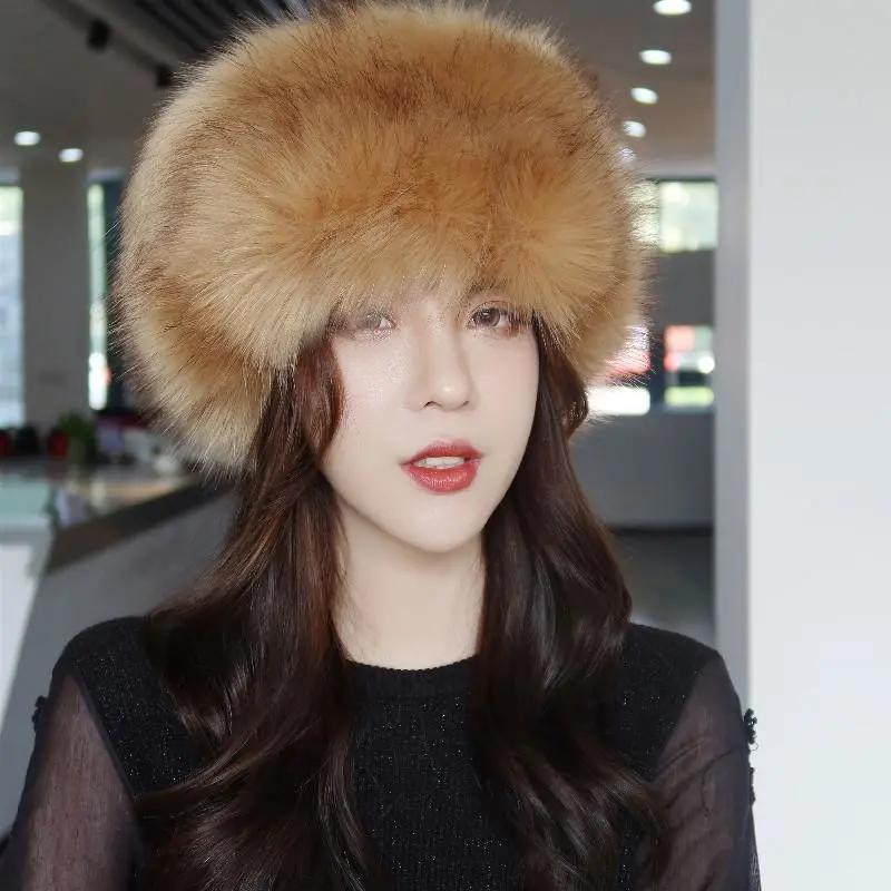 Women's Autumn and Winter Imitation Fox Fur Beanie Hat Thick Fur Hollow Top Hat Warm Hat Fur Hat Ring Solid Fluffy Fur Fedoras Female Headgear