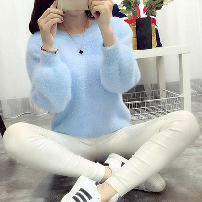 Autumn and Winter Round Neck Short Top Loose Pullover Solid Color Long-haired Sweater Thick Mohair Bottoming Shirt