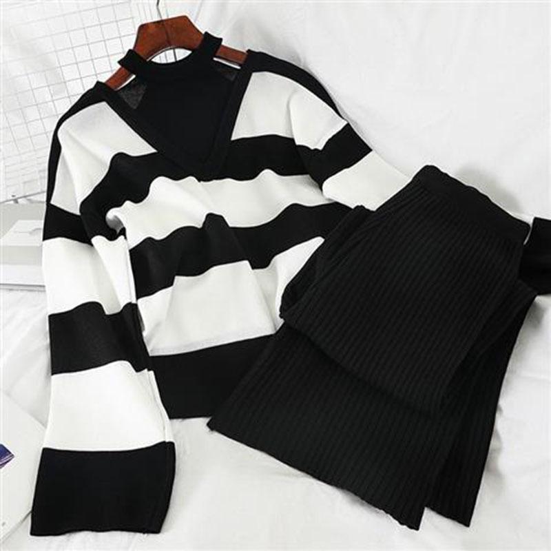 2pcs/set  Women Winter Tracksuit 2 Piece Pant Suits Knitted Striped Sweater Top and Pants 2 Piece Set Outwear Outfits