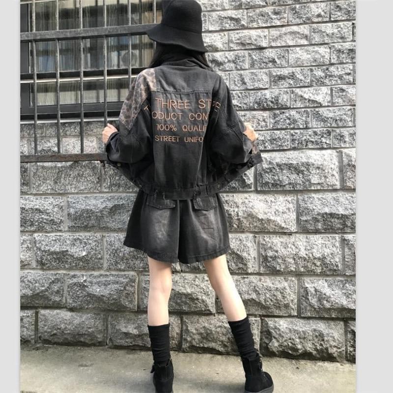 Vintage Black Leopard Women Denim Jacket Spring Harajuku Punk Jean Jackets Coat Boyfriend Loose Pocket Fashion Streetwear