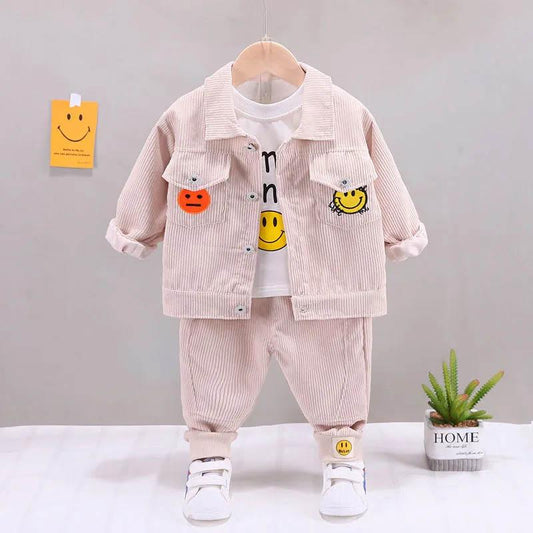 Boys spring and autumn suits baby thin three-piece set printing contrast color design smiley pattern long-sleeved jacket top pants three-piece set