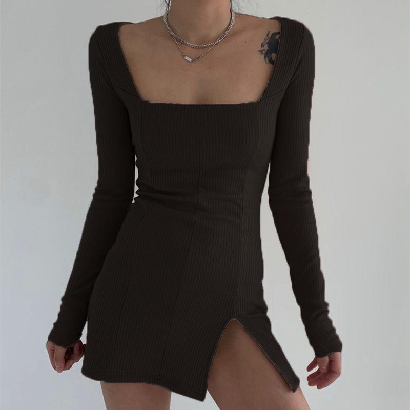 Female Split Tight Knit Elegant Casual Dress Square Neck Simple Vintage Versatile Short Dress