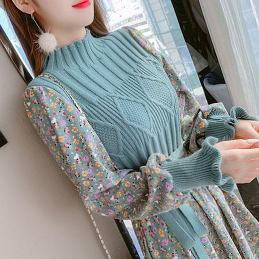 Autumn  Winter Corduroy Dress Women's Knitted Stitching Long-sleeved Long Floral Dress Sweet A-line Dress with Belt