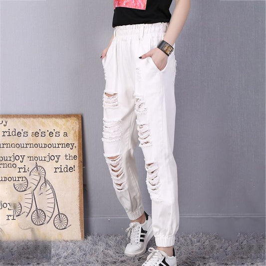 WTEMPO Women's Jeans Harem Pants Elastic Waist White Black Blue Ripped Jeans Women's Spring and Summer Cropped Pants Loose Trousers