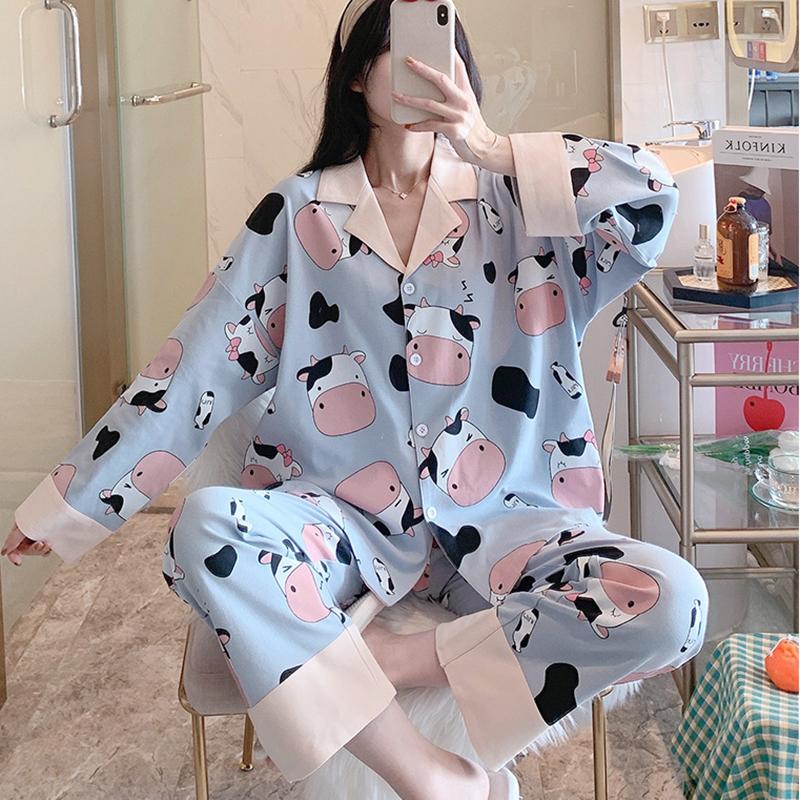 Set Pajamas Ladies Sleeve Trousers Cute Cartoon Cardigan Girl Princess Style Home Service Suit Fabric Skin-friendly and Soft