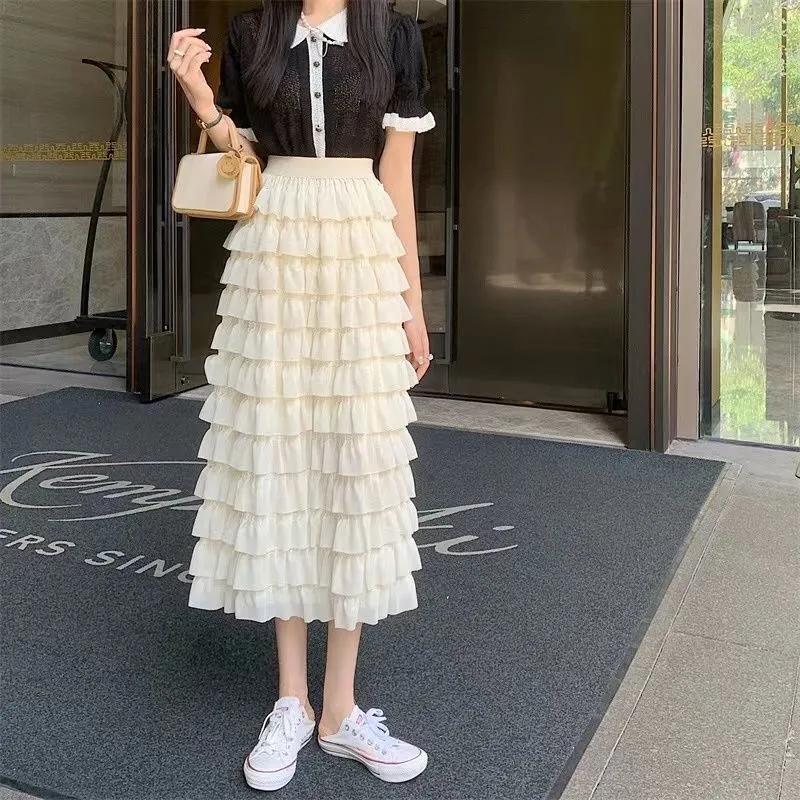 Women Tiered Skirts Summer Elegant Chiffon A-line Layered Skirt Female Elastic High Waist Preppy Style Dancing Long Skirts