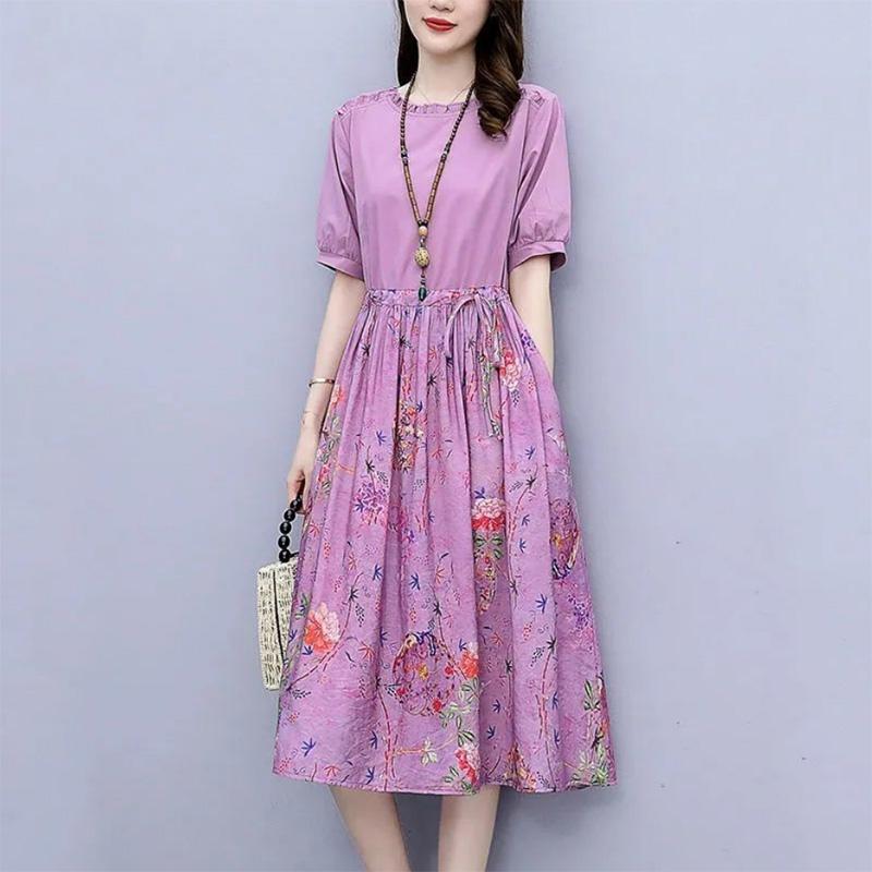 Cotton and Linen Floral Stitching Dress Women's Waist Slimming Temperament Age-reducing Large Size Mid-length A-line Skirt