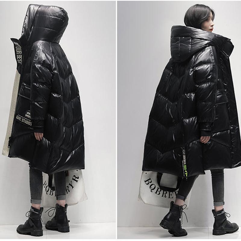 Women's Winter Korean Style Loose Quilted Coat Warm Stand-up Collar Down Jacket Women's Bright Face Long Down Jacket