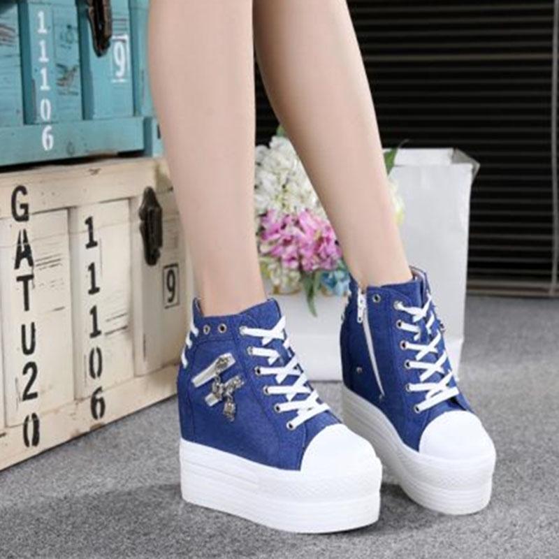 Women's  Canvas Shoes Wedges Heel Thick Bottom Increased Casual Shoes High-heeled Platform Lace Up Wedge Sneakers