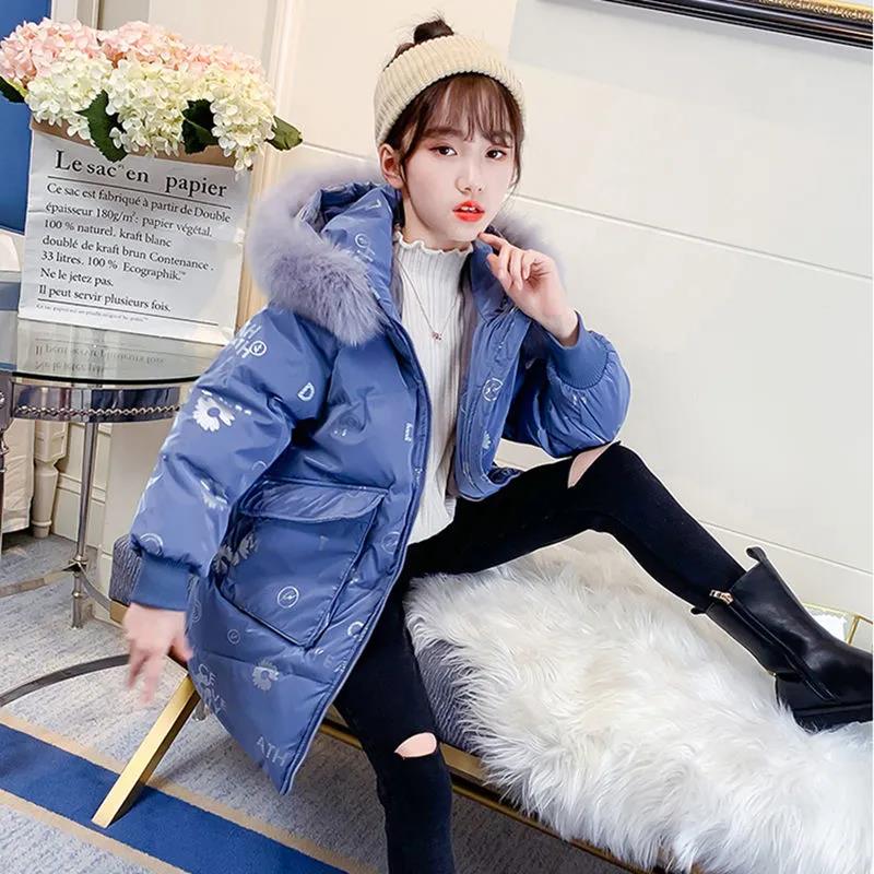 Girls' Warm Cotton Clothes Windproof Winter Clothes Mid-length Thick Coat Down Padded Jacket