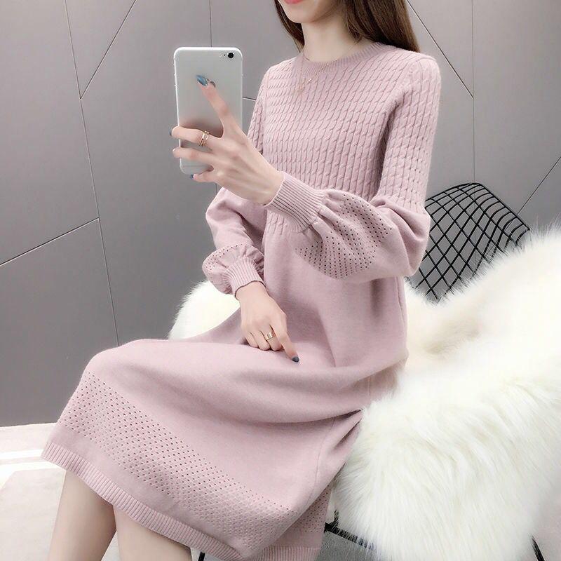 Knit Dress Women Autumn and Winter Loose Mid-length Over-the-knee Sweater Bottoming Tie Belt Slim-fit Sweater Dress Puff Sleeve Sweater