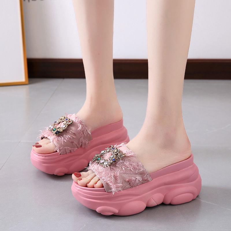 Summer wear slippers female net red ins sandals fashion wild thick bottom sponge cake half dragging