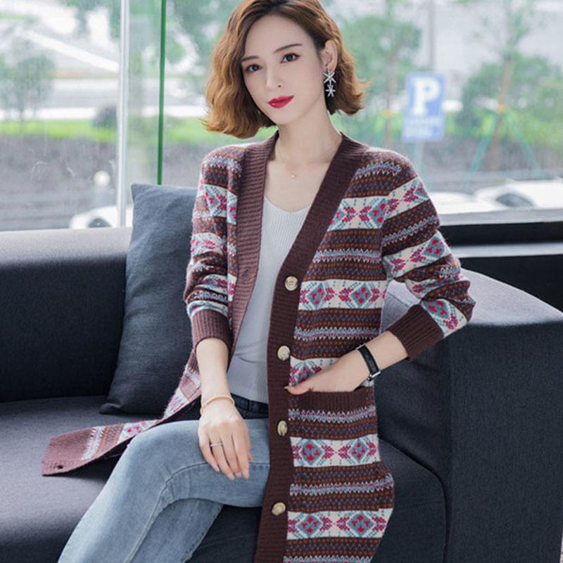 Autumn and Winter Long-sleeved Cardigan Sweater Loose-fitting Outer Wear Mid-length Jacket Jacquard Knitted Female Jacket