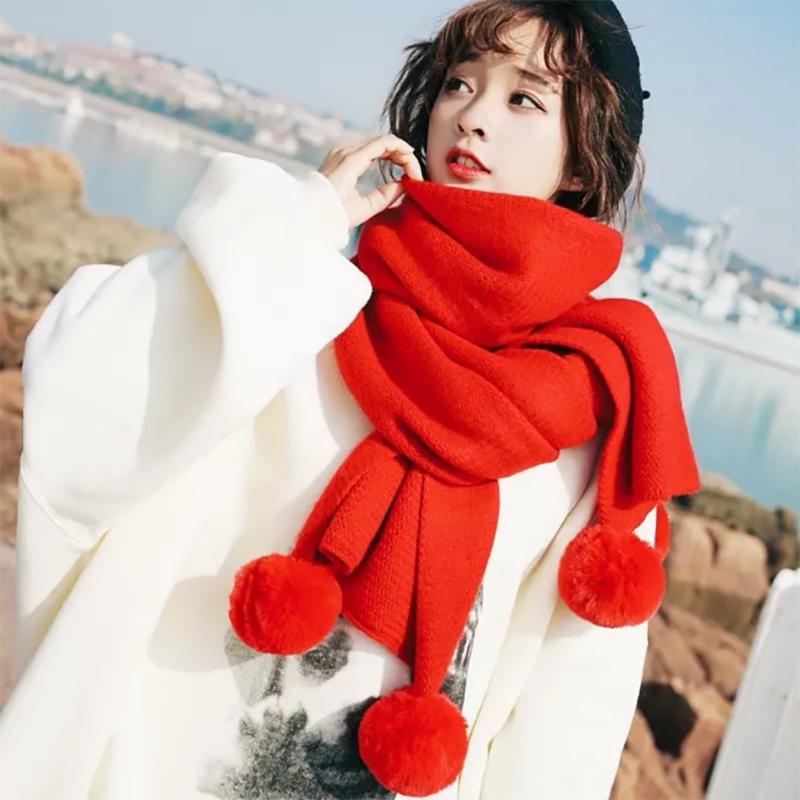 Scarf Female Winter Fall Winter Female Solid Color Student White Hanging Ball Knitted Wool Winter Girl Bib